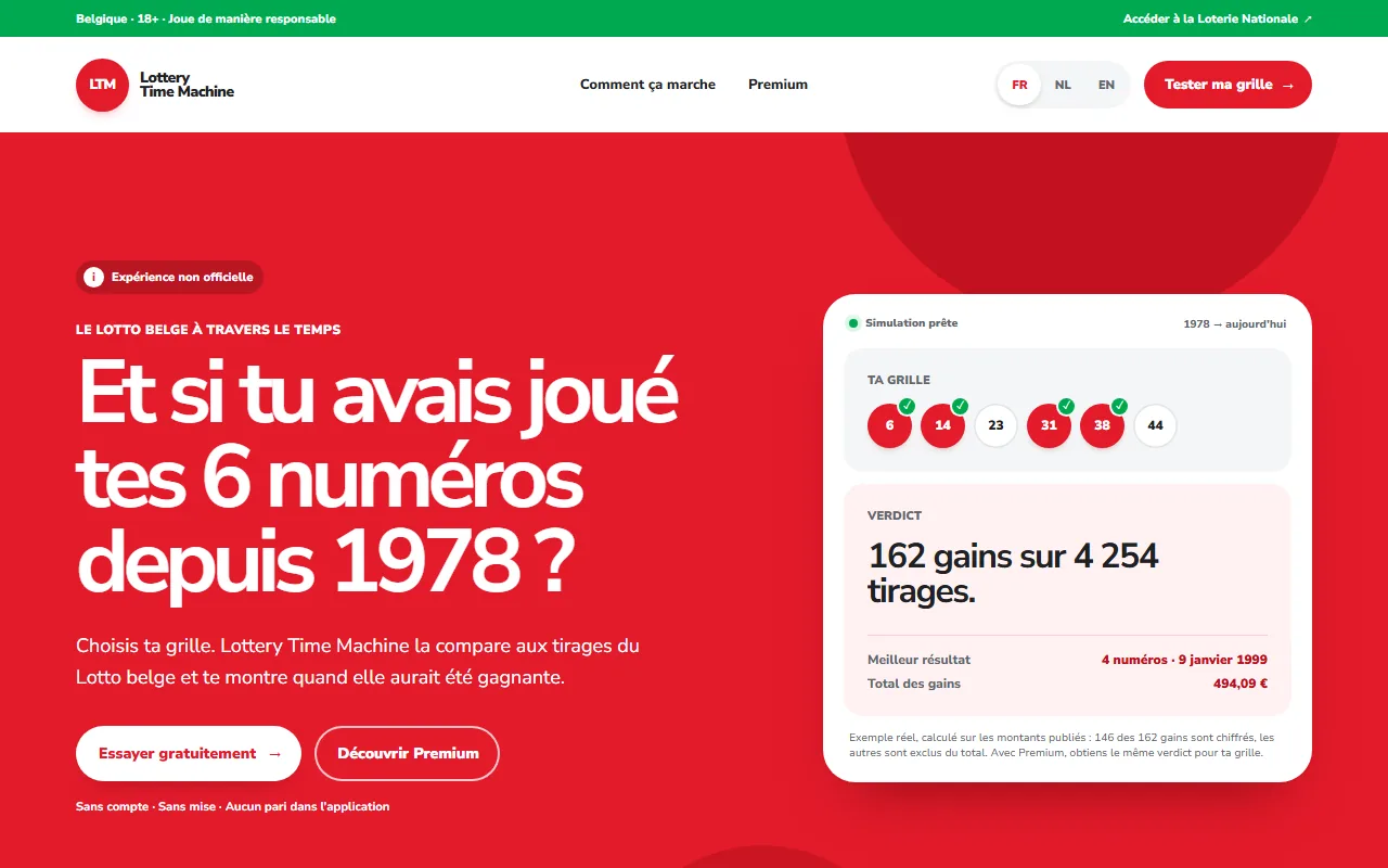 Capture de la landing page de LotteryTimeMachine.be